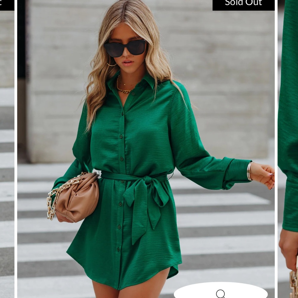 GROWTH SATIN BUTTON DOWN SHIRT DRESS - GREEN